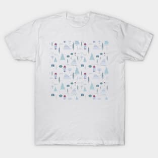 Modern Grey Plum Houses Trees Mountains Pattern T-Shirt